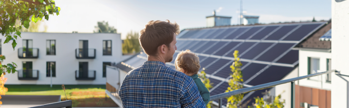 Un homme et son enfant face à un futur glorieux, avec des bâtiments ornés de panneaux solaires